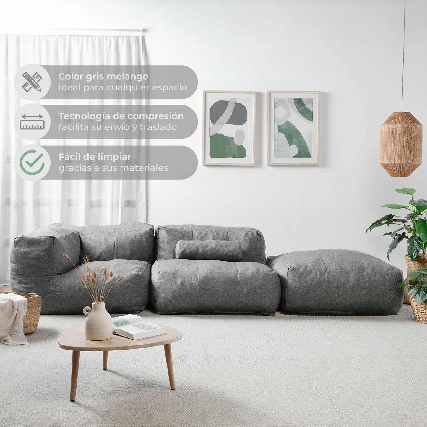 Sofá Pouf Seccional Gris