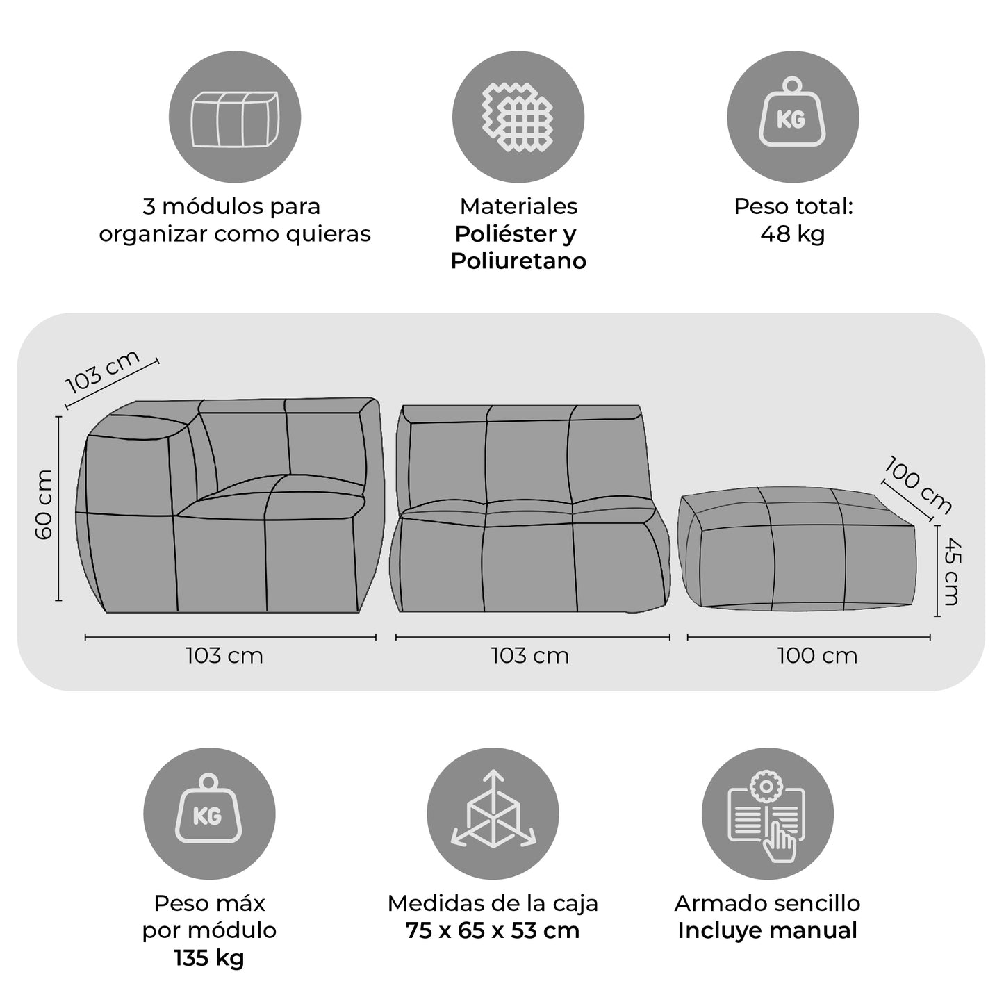 Sofá Pouf Seccional Gris