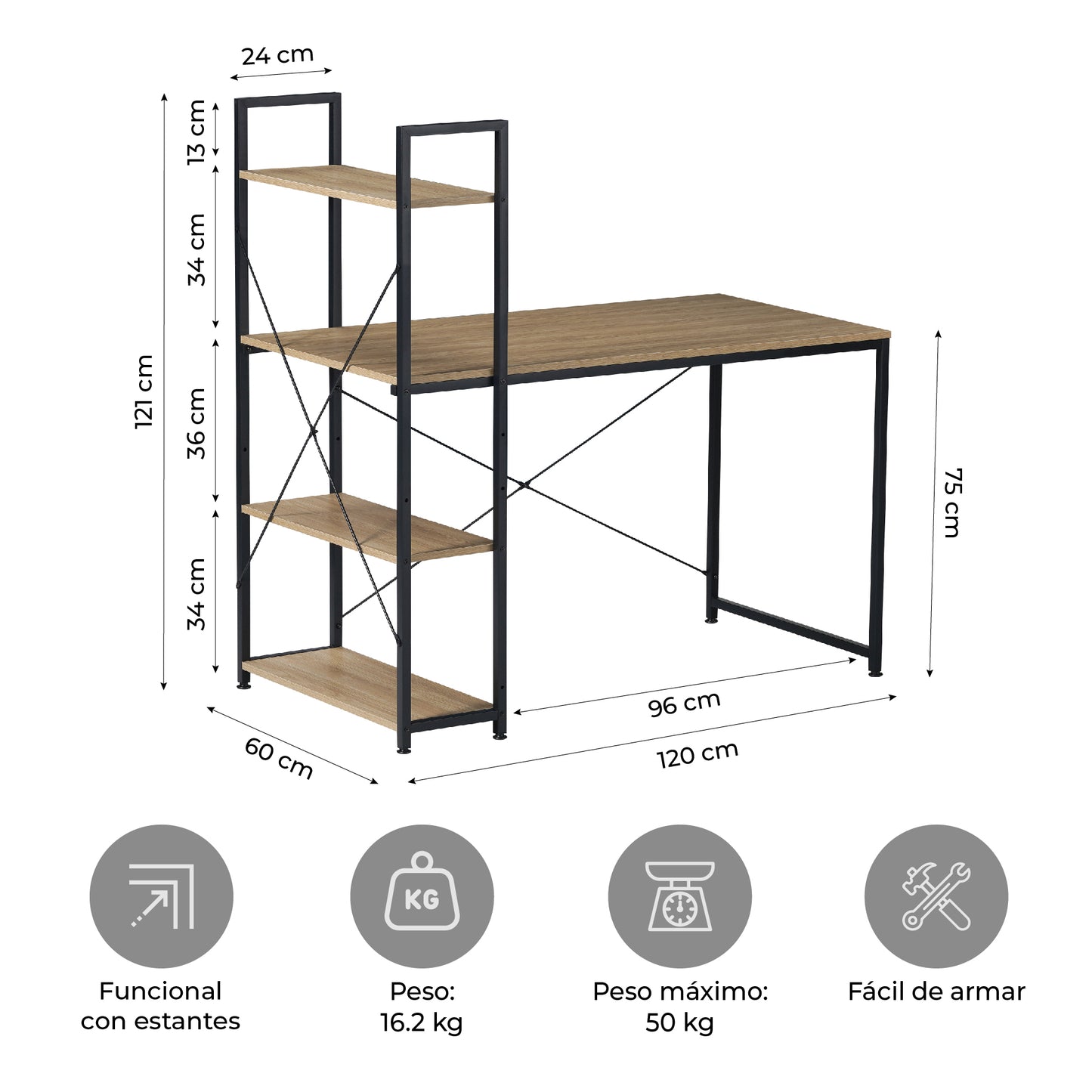 Escritorio Estilo Industrial con Estantería Lateral Desk 4 Natural