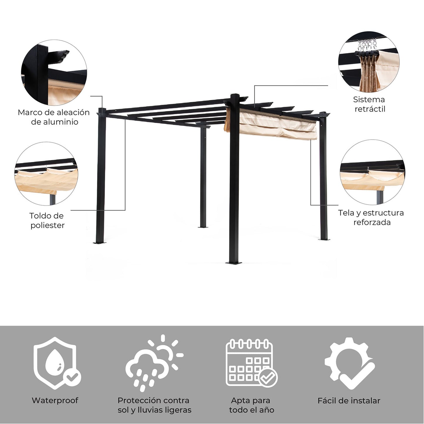 Pérgola White Shelter Retráctil 3x3 Mts