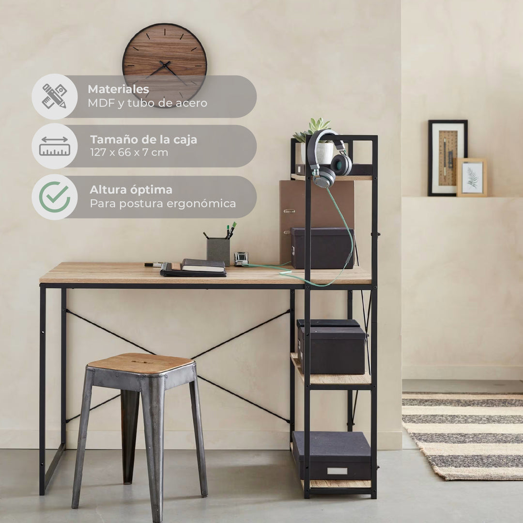 Escritorio Estilo Industrial con Estantería Lateral Desk 4 Natural