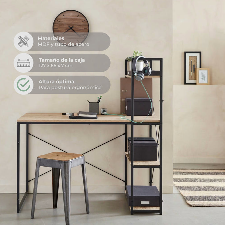 Escritorio Estilo Industrial con Estantería Lateral Desk 4 Natural