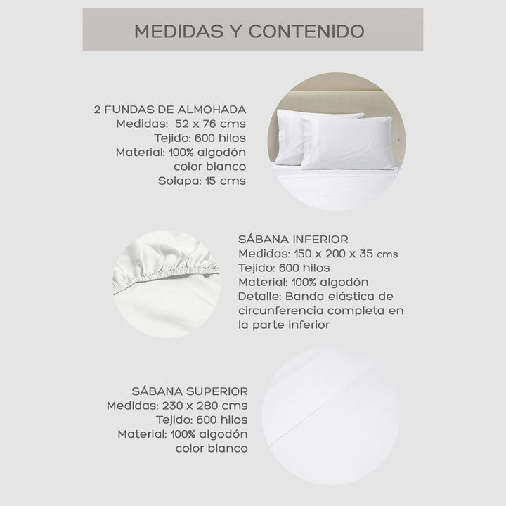 Juego de Sábanas Blancas Queen 600 Hilos