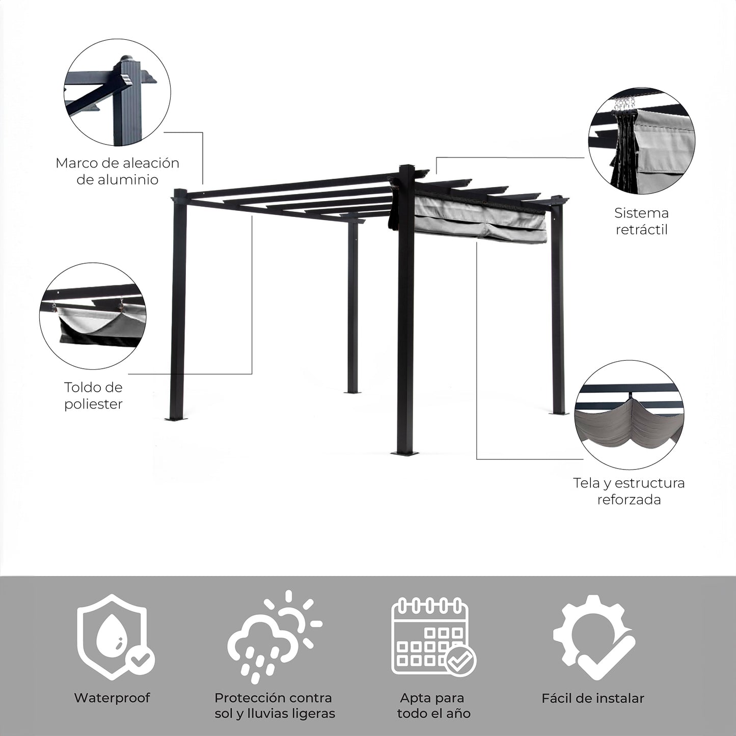 Pérgola Grey Shelter Retráctil 3x3 Mts