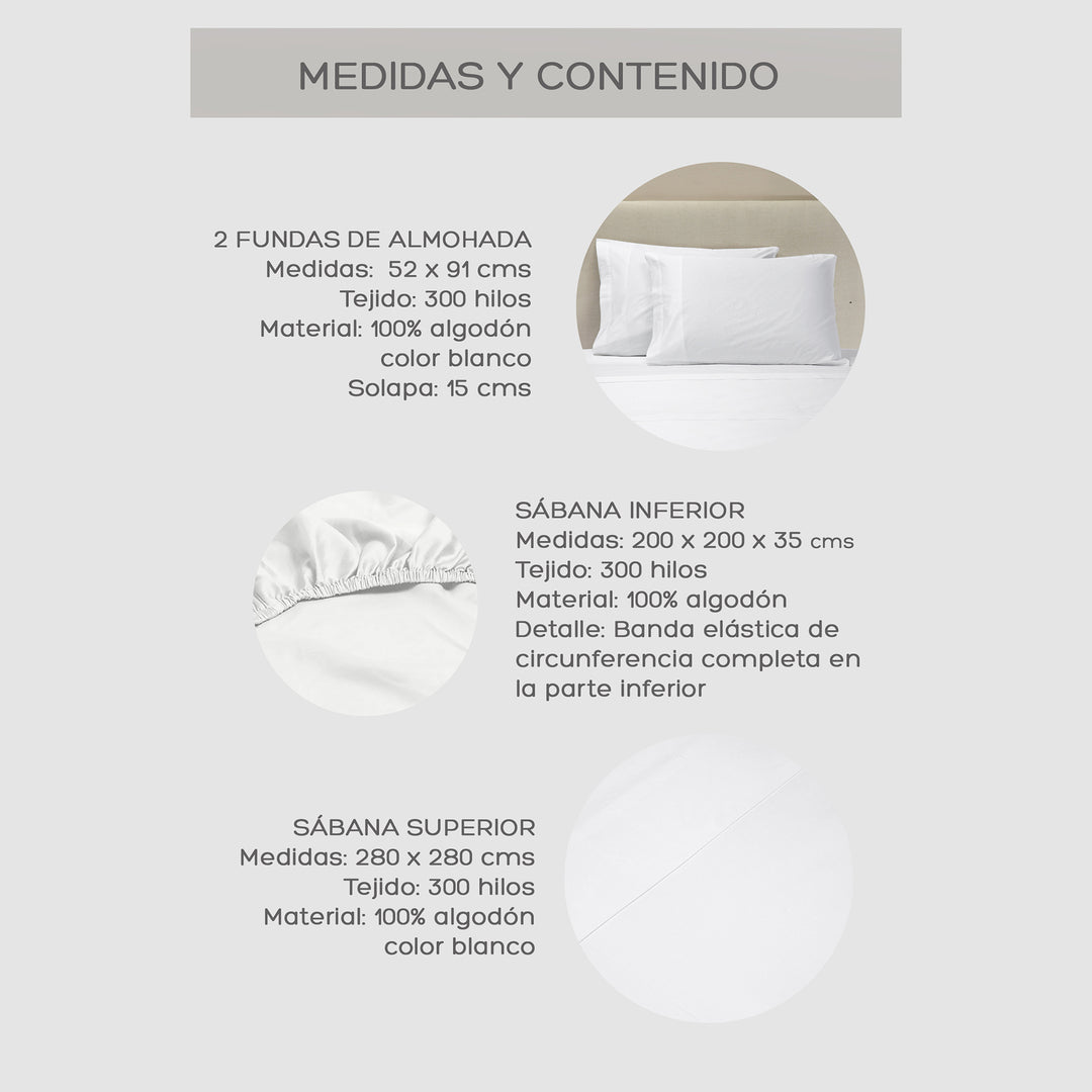 Juego de Sábanas Blancas Super King 300 Hilos