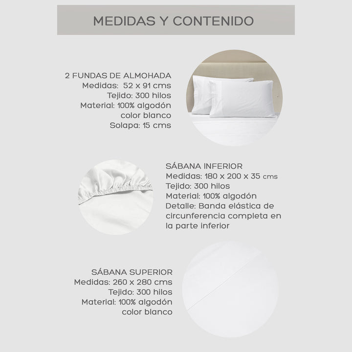 Juego de Sabanas de 300 Hilos de Algodón Blanco King