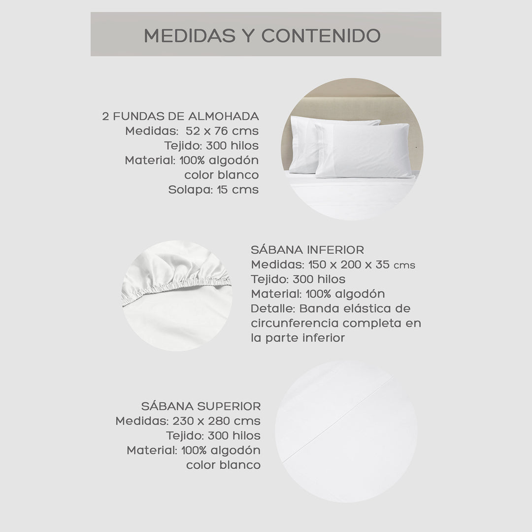 Juego de Sábanas Blancas Queen 300 Hilos