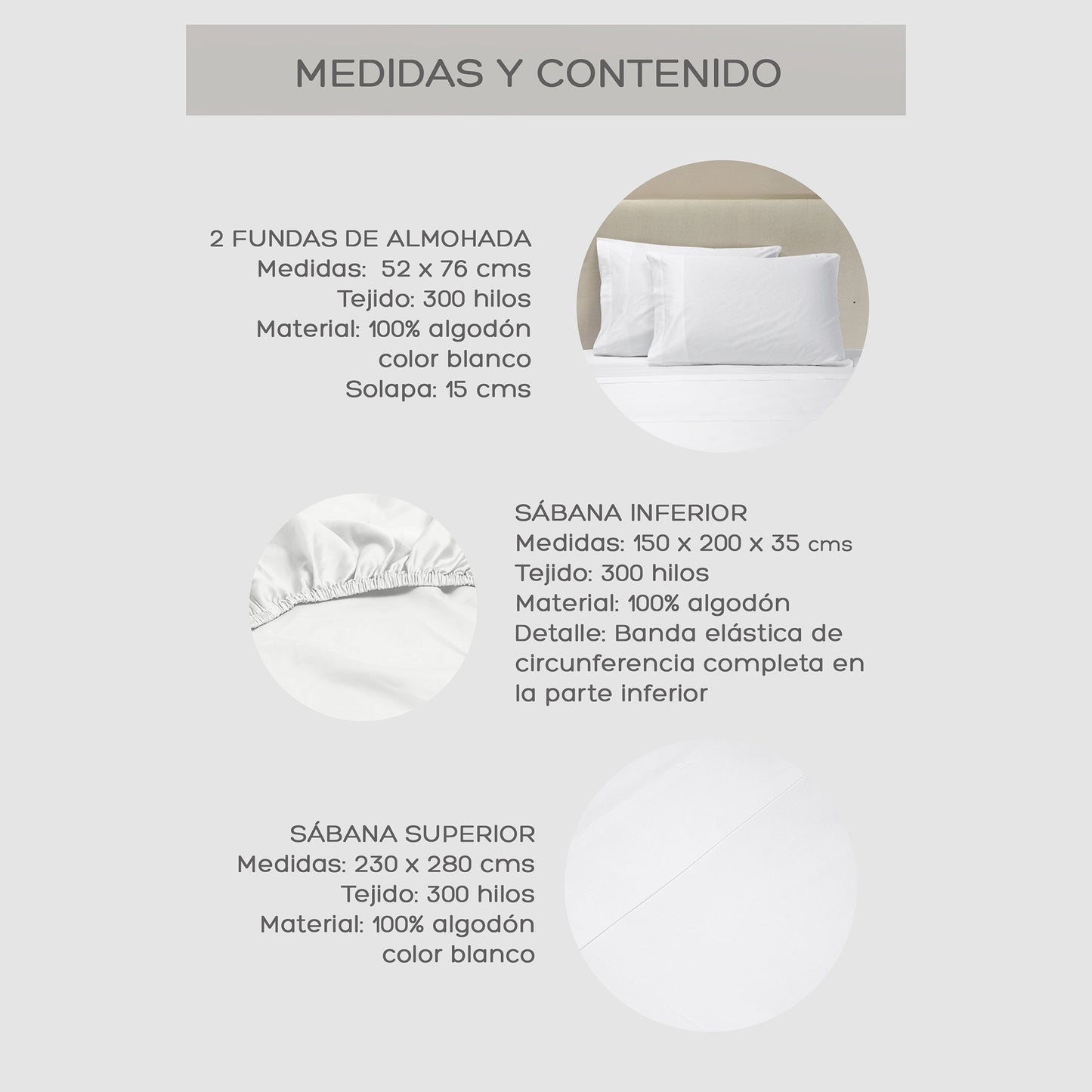 Juego de Sábanas Blancas Queen 300 Hilos