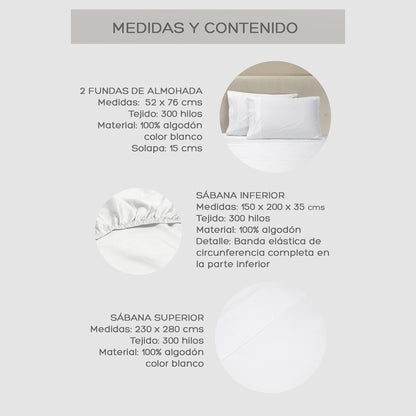 Juego de Sábanas Blancas Queen 300 Hilos
