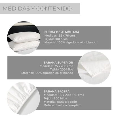 Juego de Sábanas 100% Algodón 1,5 Plazas 200 Hilos