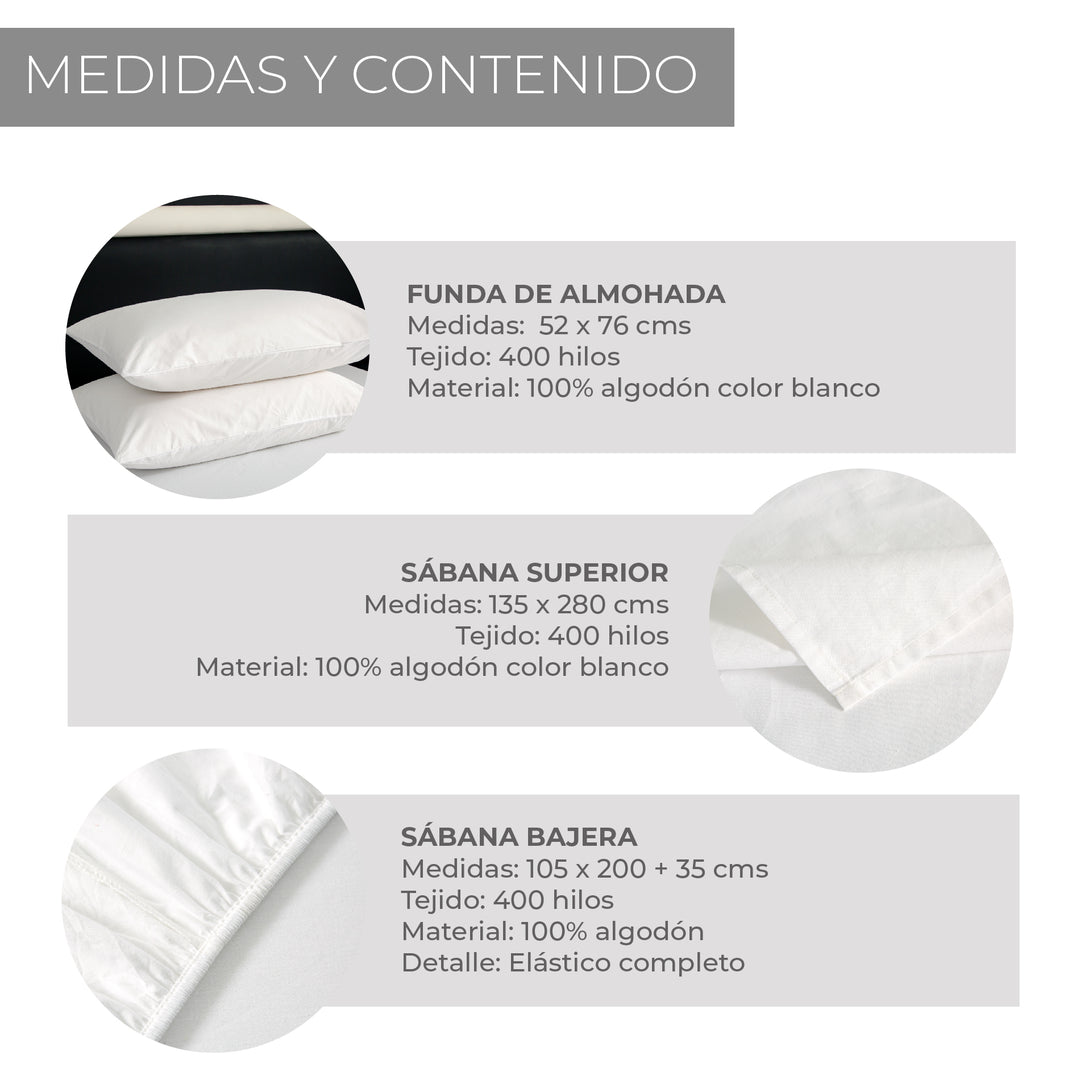 Juego de Sábanas 100% Algodón 1,5 Plazas 400 Hilos