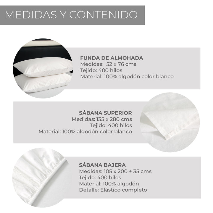 Juego de Sábanas 100% Algodón 1,5 Plazas 400 Hilos