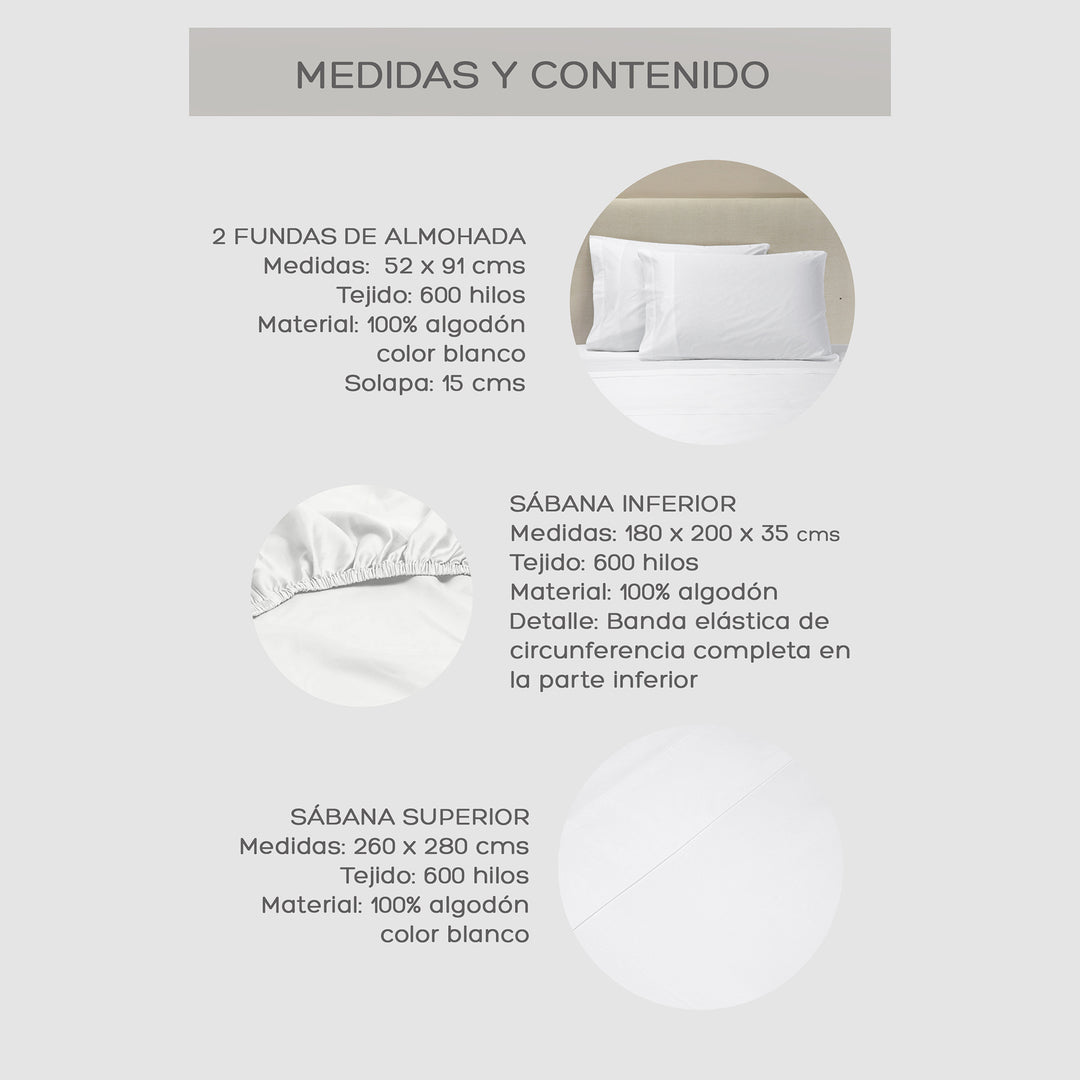 Juego de Sábanas Blancas King 600 Hilos
