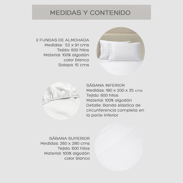 Juego de Sábanas Blancas King 600 Hilos