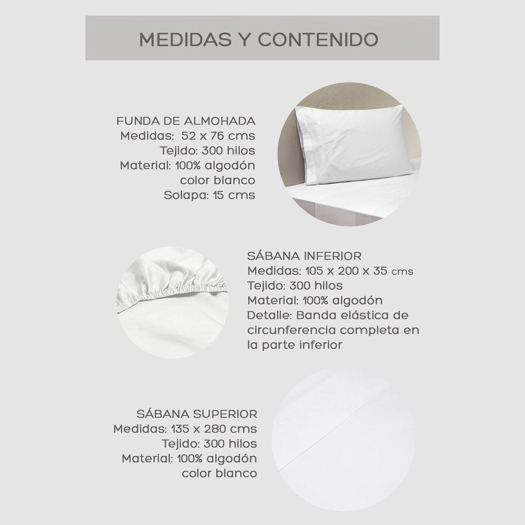 Juego de Sábanas Blancas 1,5 Plaza 300 Hilos