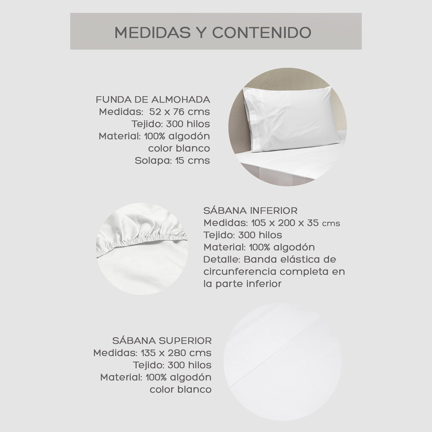 Juego de Sábanas Blancas 1,5 Plaza 300 Hilos