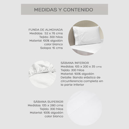 Juego de Sábanas Blancas 1,5 Plaza 300 Hilos