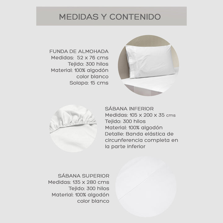 Juego de Sábanas Blancas 1,5 Plaza 300 Hilos