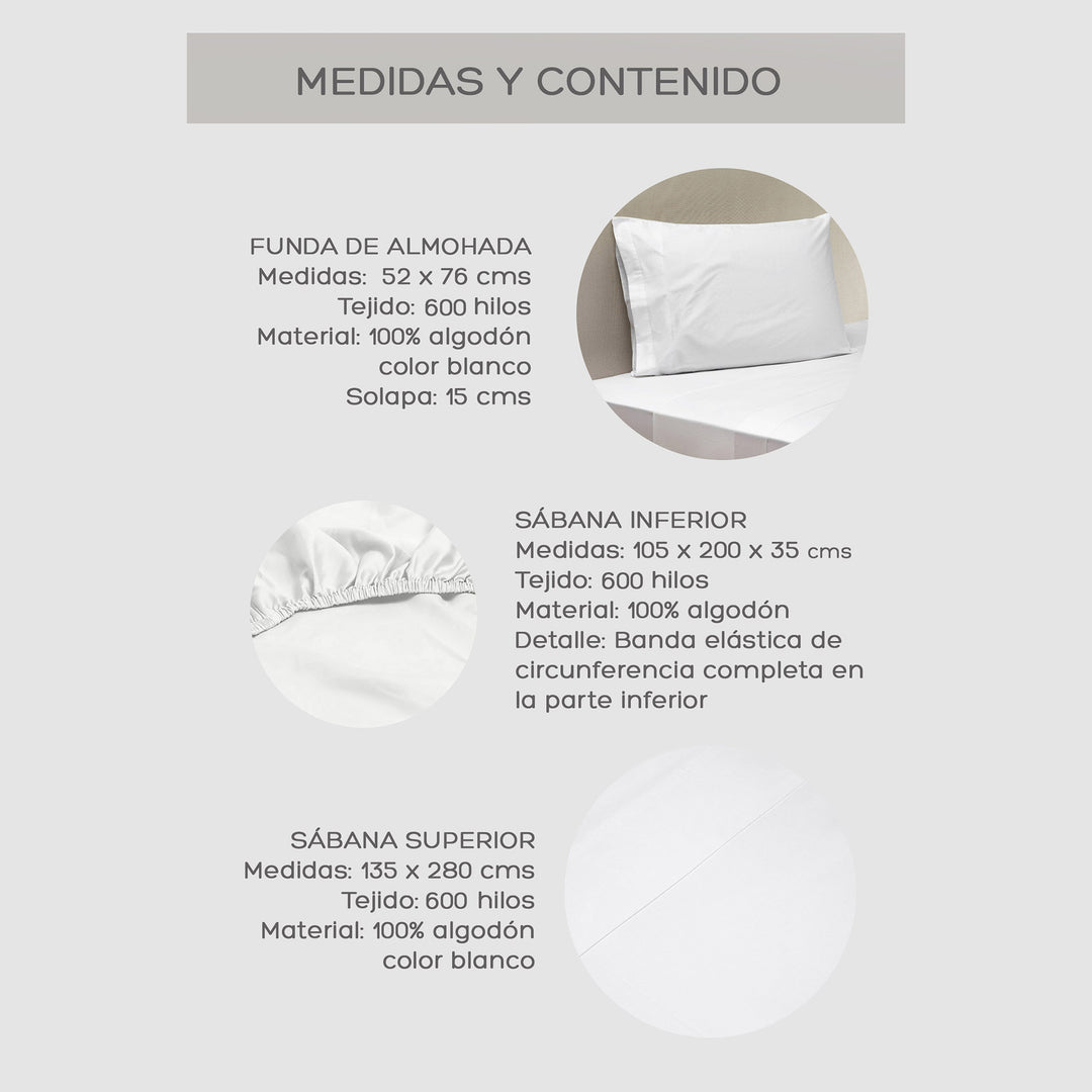 Juego de Sábanas Blancas 1,5 Plaza 600 Hilos