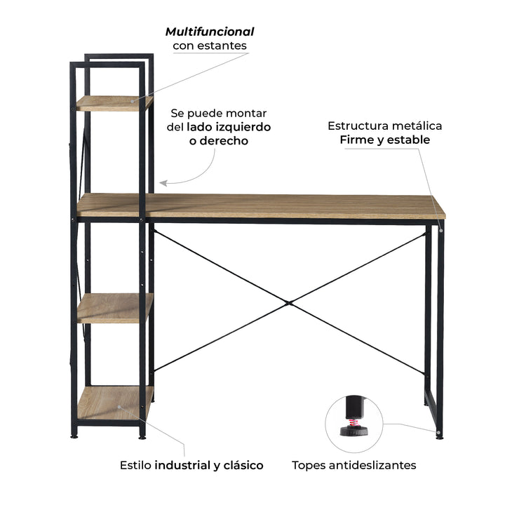 Escritorio Estilo Industrial con Estantería Lateral Desk 4 Natural