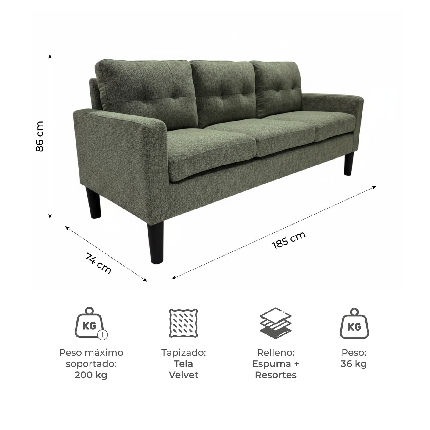 Sofá 3 Cuerpos Sutri Verde