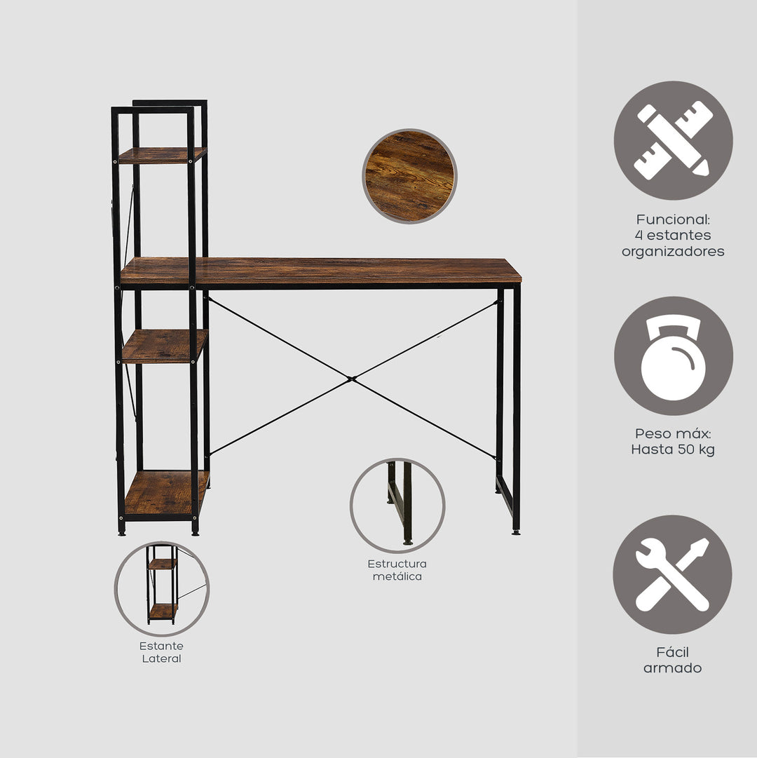 Escritorio Estilo Industrial con Estantería Lateral Desk 4 Caoba