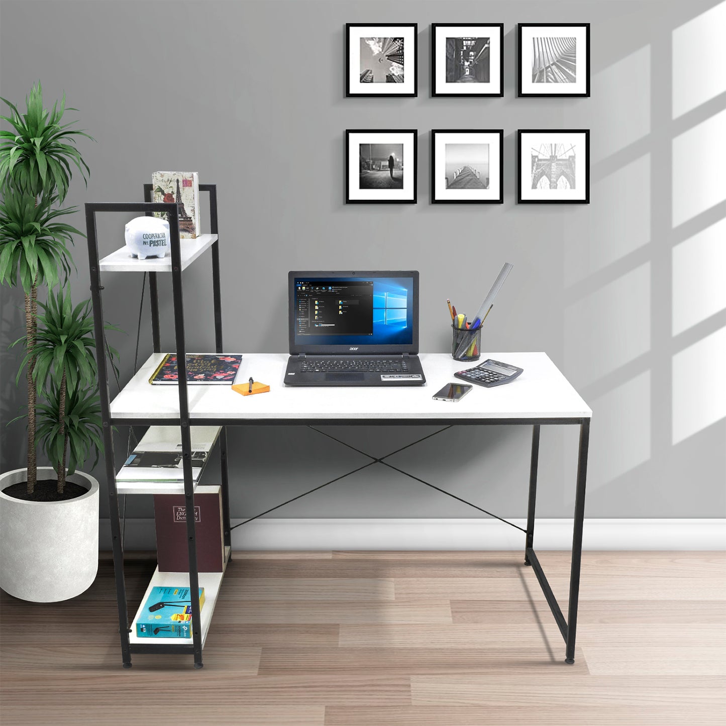Escritorio Estilo Industrial Estantería Lateral Desk 4 Blanco